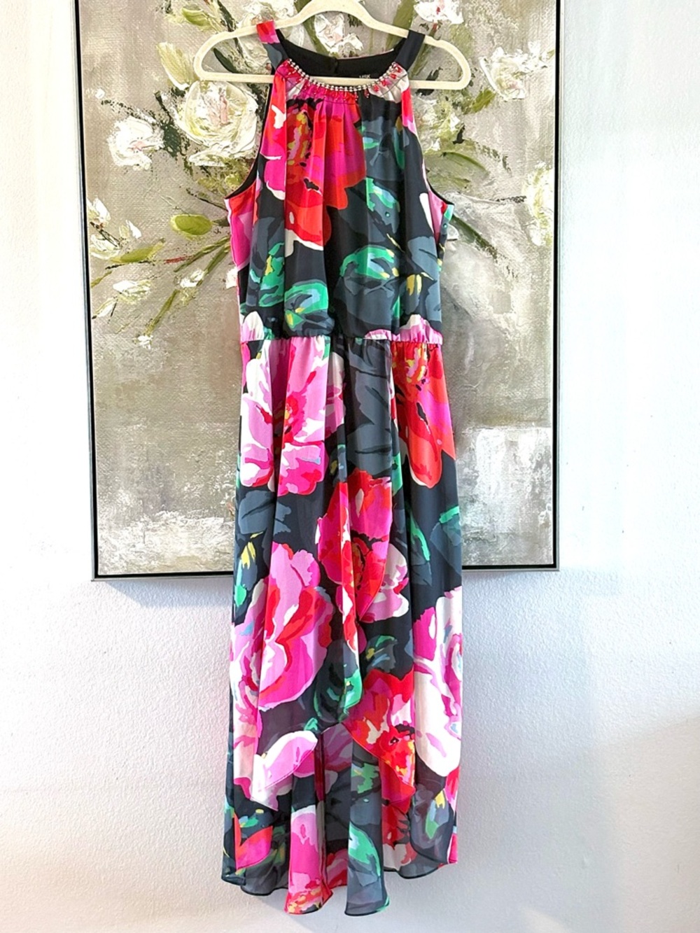 Floral Embellished Halter High-Low Maxi Dress